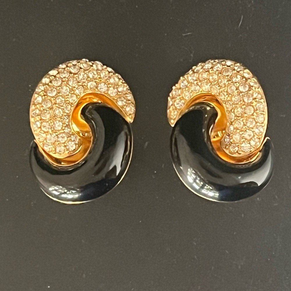 Vinntage Chr Dior Black Enamel Pave Rhinestone Earrings